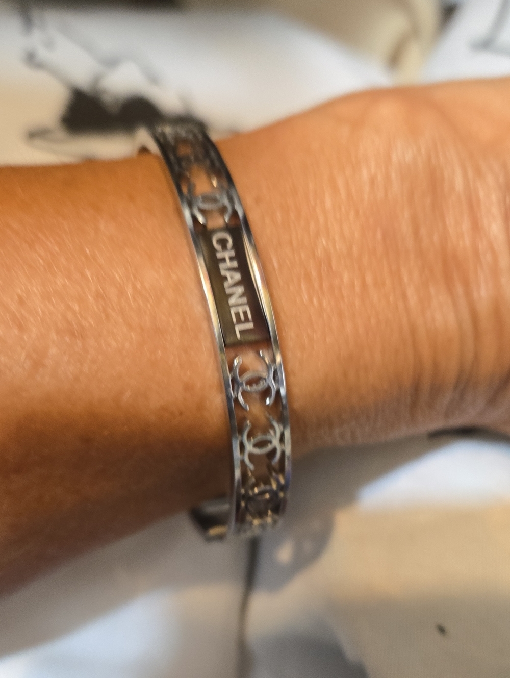 Silver CC Logo Cutout Bangle Bracelet